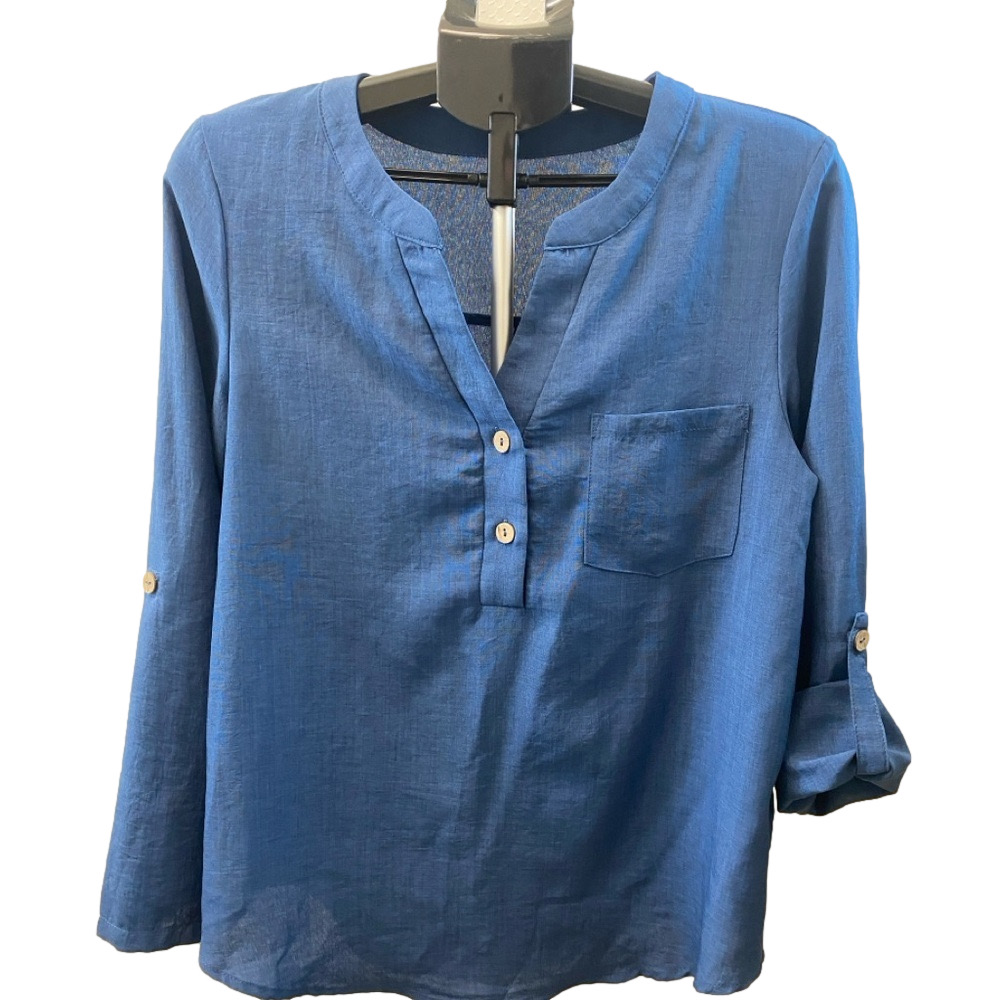 SHEIN Blue V-Neck Button Front Roll-Sleeve Blouse, Size M - Picture 3 of 8
